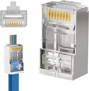iwillink 50 Pack Shielded RJ45 Cat6 Pass Through Connectors, Ethernet Cable Crimp Connectors STP Network 3 Prong 8P8C 50U Gold Plated Modular Plug for Solid Wire and Standard Cable