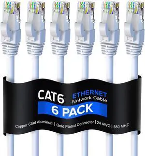 Maximm Cat 6 Ethernet Cable 5 ft (6-Pack) - High-Speed LAN Cable, Internet Cable, Patch Cable, and Network Cable - UTP, 10Gbps, 550MHz Ethernet Cord - White