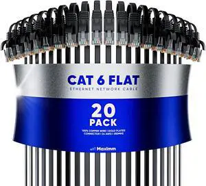 Cat 6 Ethernet Cable 2 ft - with a Flat, Space-Saving Design High-Speed Internet & Network LAN Patch Cable, RJ45 Connectors - 2ft / Black / 20 Pack - Perfect for Gaming, Streaming, and More