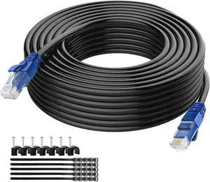 Cat6 Outdoor Ethernet Cable 150Ft Cat6 Heavy Duty Cord,Waterproof and Ultraviolet-Proof Network Cable Suitable for Direct Burial Installations,with 25 Cable Ties,25 Cable Clips
