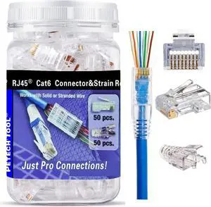 PETECHTOOL RJ45 CAT6 Pass Through Connectors Gold Plated 8P8C Plugs and Strain Relief (50xcat6plug+50xstrain Relief)