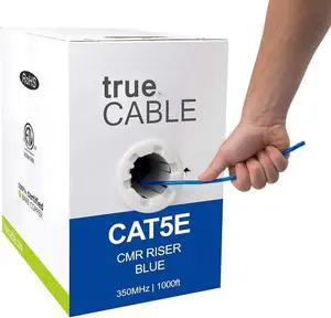 trueCABLE Cat5e Riser (CMR), 1000ft, Blue, 24AWG 4 Pair Solid Bare Copper, 350MHz, PoE++ (4PPoE), ETL Listed, Unshielded Twisted Pair (UTP), Bulk Ethernet Cable