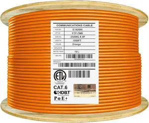 Elite Cat6 Shielded Riser (CMR), 1000ft, F/UTP 23AWG, Solid Bare Copper, 550MHz, UL Certified, UL-LP Certification, Bulk Ethernet Cable Reel, Orange