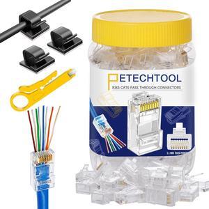 PETECHTOOL Cat6 RJ45 Pass Through Connectors 130-Pack Cat6 Cat5 Ethernet Connector for Solid or Stranded UTP Cable 100PCS Cat6 Cat5e Connectors, 30PCS Self-Adhesive Cable Clips and Mini Stripper