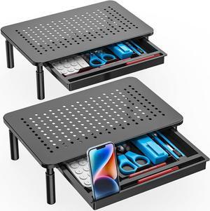 WALI Monitor Stand Riser, Computer Stand for Desk with Storage, 3 Height Adjustable Laptop Stand with Drawer and Phone Holder for Office, Home, School (STT003D-2B), 2 Pack, Black