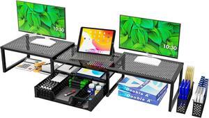 Simple Trending Dual Metal Monitor Stand Riser for 2 Monitors,Adjustable Angle Computer Desk Organizer with Drawer and Pen Holder for Laptop, Computer, iMac, Black