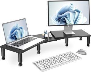 Dual Monitor Stand Riser, Monitor Stand with Adjustable Height Steel leg, Wood Monitor Stand for Desk, Monitor Riser for 2 Monitors with Storage Space Black