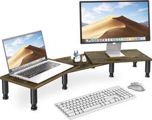Dual Monitor Stand Riser, Monitor Stand with Adjustable Length and Angle, Wood Monitor Stand for Desk, Monitor Riser for 2 Monitors with Storage Space