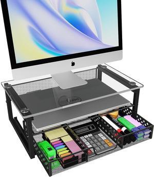 Simple Trending 2-Tier Glass Metal Monitor Stand Riser,Computer Desk Organizer with Drawer for Laptop, Computer, iMac,Storable K-Cups Black