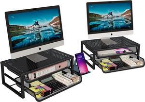 2 Pack 2-Tier Metal Monitor Stand Riser and Computer Desk Organizer with 2 Drawer for Laptop, Computer, iMac, Black
