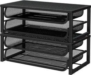 Desk File Organizer, 2 Pack 2-Tier Letter Tray Paper Organizer with Sliding Trays, Metal Computer Monitor Stand Riser for Office, Home, Black