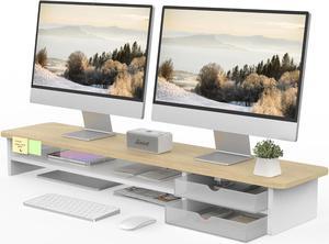 Fenge Monitor Stand, Dual Monitor Riser, 42.5inch Large Desk Computer Monitor Stand Riser with Drawer, 2 Tier Wood & Acrylic Desktop Organizer for Computer, Laptop, Printer, TV Screen Riser