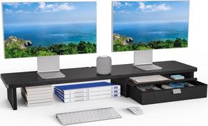 HUANUO Ergonomic Dual Monitor Stand Riser with Steel Tray & Fabric Drawer, Large Desk Organizer with One-Piece Platform, Monitor Stand for Desk, Computer Monitor Stand with Cable Management