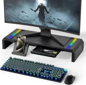 Monitor Stand for Desk, Gaming Monitor Riser with RGB Light, Foldable Computer Monitor Stand Riser, Desk Organizers and Accessories for Desktop, Printer (Black)