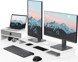 Fenge Computer Monitor Riser Stand with Drawer for 2 or 3 Monitors ,Adjustable Length and Angle Desktop Laptop Stand,Office Organizer,Printer,White