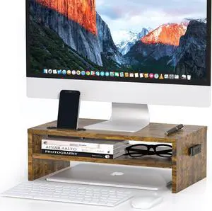 BONTEC Monitor Stand Riser, 2 Tiers Wood Monitor Riser Stand with Storage Organizer, Desktop Ergonomic Monitor Stand Riser with Cellphone Holder and Cable Management, 16.5 Inch Shelf, Vintage Brown