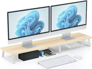Large Dual Monitor Stand Riser - Monitor Stand for 2 Monitors, Wooden Computer Stand For Desk with Metal Legs, Desk Organizers and Storage With Drawer, Desk Shelf for Computer/Laptop/Printer/TV, Oak