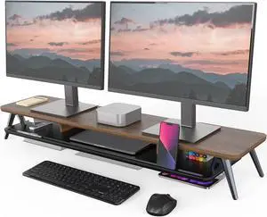 Fenge Dual Monitor Stand, Monitor Stands Riser for 2 Monitors, 42.5 Inch Wood Desk Shelf with Storage Organizer and Cable Management for Office Desk Accessories