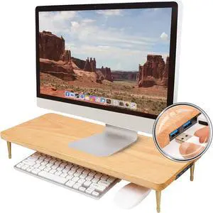 Wood Riser Monitor Stand with USB Ports Computer Stand w/Slot for Tablet & Cellphone Computer Riser w/Big Storage, Dual Monitor Riser for PC, Computer, Laptop, Printer