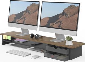 Fenge Monitor Stand, Dual Monitor Riser, 42.5inch Large Desk Computer Monitor Stand Riser with Drawer, 2 Tier Wood & Acrylic Desktop Organizer for Computer, Laptop, Printer, TV Screen Riser
