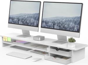Fenge Monitor Stand, Dual Monitor Riser, 42.5inch Large Desk Computer Monitor Stand Riser with Drawer, 2 Tier Wood & Acrylic Desktop Organizer for Computer, Laptop, Printer, TV Screen Riser
