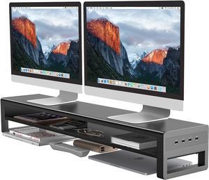 2 Tiers Dual Monitor Stand with 4 USB 3.0 Ports Hub, Double Monitor Riser, Metal Desk Stand with Storage, Long Screen Raiser for 2 Monitors Computer Mac Desktop Organizer Black Large