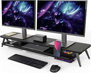 Fenge Dual Monitor Stand, Monitor Stands Riser for 2 monitors, 42.5 Inch Wood Desk Shelf with Storage Organizer and Cable Management for Office Desk Accessories