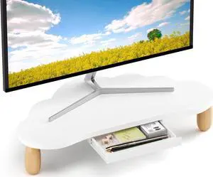 Monitor Stand Riser,Cloud-Shaped Sturdy Wood Computer Monitor Stand Wirh Drawer, Monitor Stand Riser, Multi-Purpose Desktop Organizer Riser for Computer, Laptop, Printer, TV, White