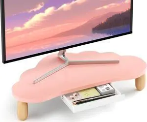 Monitor Stand Riser,Cloud-Shaped Sturdy Wood Computer Monitor Stand Wirh Drawer, Monitor Stand Riser, Multi-Purpose Desktop Organizer Riser for Computer, Laptop, Printer, TV,Pink