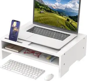 Monitor Stand Riser with Storage Organizer Desktop with Cooling Holes Bamboo Laptop Riser Shelf for Office and Home Use 16.7x11.8x5 inch (White)