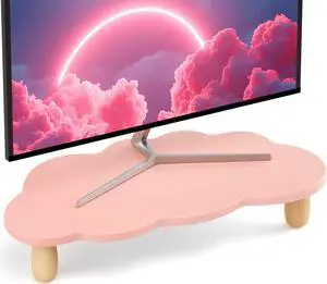 Monitor Stand Riser, Cloud-Shaped Sturdy Wood Computer Monitor Riser, Laptop Monitor Stand, Multi-Purpose Desktop Organizer Riser for Computer, Laptop, Printer, TV,Pink