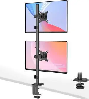 Dual Monitor Stand- Vertical Stack Monitor Desk Mount for Two Screens Up to 35 Inch Height Adjustable Screen Supports with Swivel, Tilt, Rotation, C-Clamp and Grommet Bases, Black