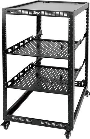 20U Open Frame Network Rack for Servers&AV Gear, Server Rack 4-Post with casters, Mobile Server Rack with 2 PCS 1U Server Rack Shelf & Mounting Hardware, AV Rack for 19" Network/Servers/Audio