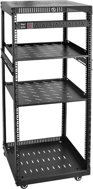 RIVECO 25U Network Rack with Reinforced Top Cover - 4 Post Floor Rack on Wheels for 19" Equipment & Stereo Gear- Including Rack Mount Power Strip & 2PCS 1U Rack Shelves