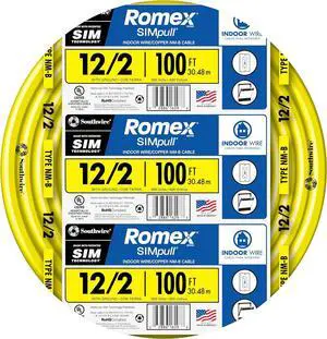 Southwire Romex Brand Simpull Solid Indoor 12/2 W/G NMB Cable 100ft coil - SW# 28828228