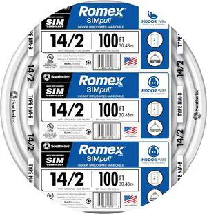 Southwire Romex Brand Simpull Solid Indoor 14/2 W/G NMB Cable 100ft Coil - SW# 28827423