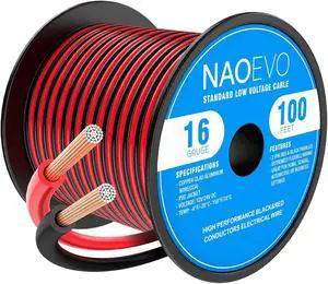 NAOEVO 16 Gauge Wire 100FT, 2 Conductors Electrical Wire Red Black Cable, Flexible/Low Voltage/PVC 16 AWG Copper Clad Aluminum Extension Cord for Speaker Wire, LED Wire, Automotive Wire 12V/24V DC