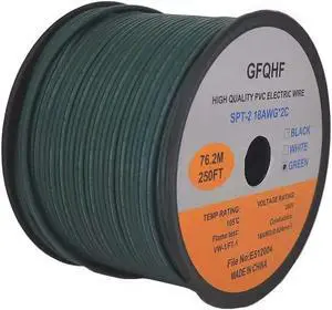250FT Green SPT-2 Zip Cord Wire 18/2 Extension Electrical Cable, UL Listed 18 Gauge Wire, Work with SPT-2 Vampire Plug