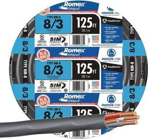 Southwire 63949202 8/3 Romex Type Nm-B W/g Non-Metallic Copper Wire, 125 ft. Black