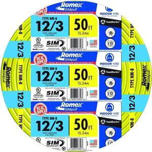 Southwire Romex Brand Simpull Solid Indoor 12/3 W/G NMB Cable 50ft coil - SW 63947622