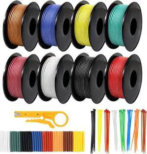 22 AWG Stranded Wire Spool, 16.5ft Each in 8 Colors - Silicone Electrical Tinned Copper Wire, 22 Gauge Flexible Hook Up Wire Kit for DIY, Automotive, Home, and Power Wiring