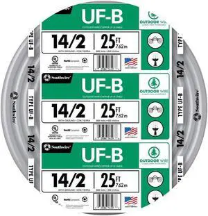 Woods Southwire 13054221 25ft 14/2 AWG Solid UF-B Type Underground Feeder and Branch Circuit Cable with Ground Wire, Gray