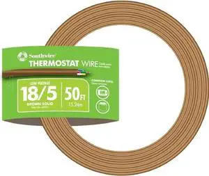 Southwire 64169622 5 Conductor 18/5 Thermostat Wire; 18-Gauge Solid Copper Class 2 Power-Limited Circuit Cable; 50-Feet; Brown