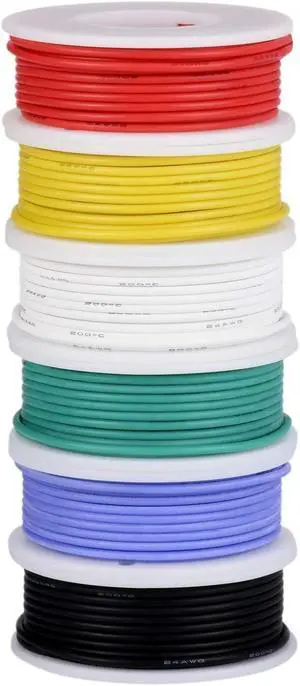 24 awg Wire Flexible Silicone Wire,24 Gauge Tinned Copper Wires Silicone Rubber Insulated (6 Different Colored 30ft / 9m Each)(OD: 1.6 mm) Stranded Wire Hook up Wires