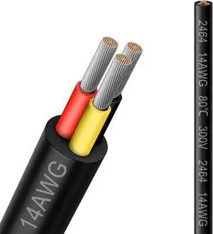 14 Gauge 3 Conductor Electrical Wire, 16.5FT 2464 14AWG 3 Wire Cable Black PVC Stranded Tinned Copper, 14/3 Cord Extension Low Voltage Cable