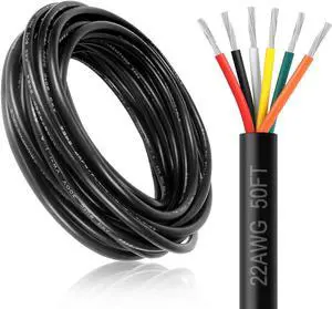 22 Gauge 6 Conductor Electrical Wire, 50FT 22AWG Black PVC Stranded Tinned Copper 6 Wire Cable, 22/6 Cord Extension Cable