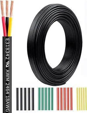 18 Gauge 3 Conductors Premium Electrical Wire 18 AWG Electrical Wire Stranded PVC Cord Copper Cable Flexible Low Voltage LED Cable Lamps Lighting Automotive (18AWG-3C, 30Ft)