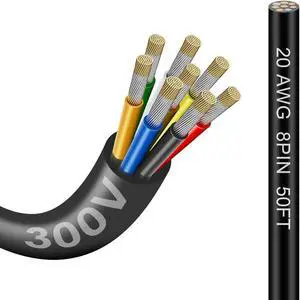 20 Gauge Electrical Wire 8 Conductor, 20AWG 50FT Thermostat Wire PVC Stranded, 20/8 Low Voltage LED Cable, Flexible Extension Power Cord, Tinned Copper Cable Hookup Wire