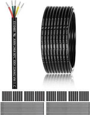 22 Gauge 5 Conductor Electrical Wire 100FT, UL 2464 22 AWG 5 Wire Cable Tinned Copper PVC Stranded 22/5 Core Wire for LED Lighting, Outdoor Low Voltage Extension Cable, Automotive etc.