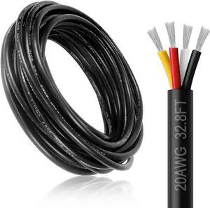 20 Gauge 4 Conductor Wire, 32.8FT Black PVC Stranded Tinned Copper Wire, 20/4 Speaker Wire, Audio Power Cable, Flexible 20AWG 4 Wire Cable for Security/Alarm/Access Control/Sound